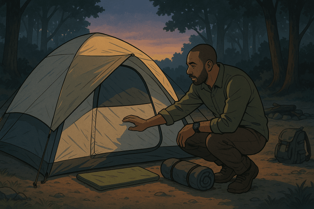 Illustration of a quiet campsite tent at dusk while gear is being checked before sleeping outside.