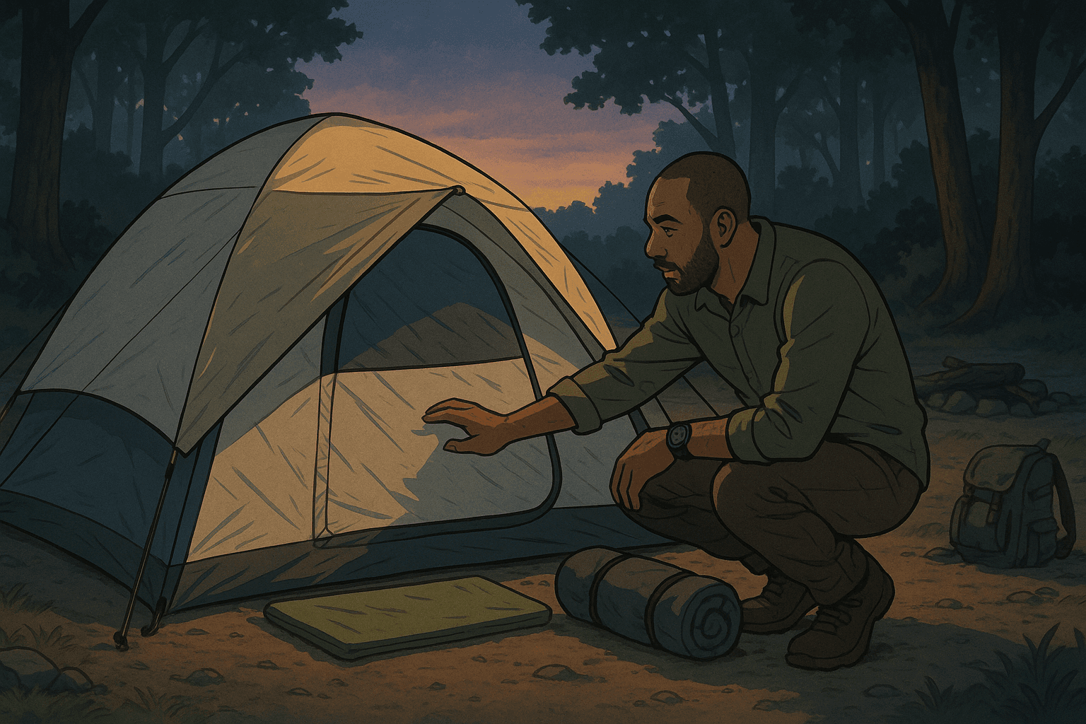 Illustration of a quiet campsite tent at dusk while gear is being checked before sleeping outside.