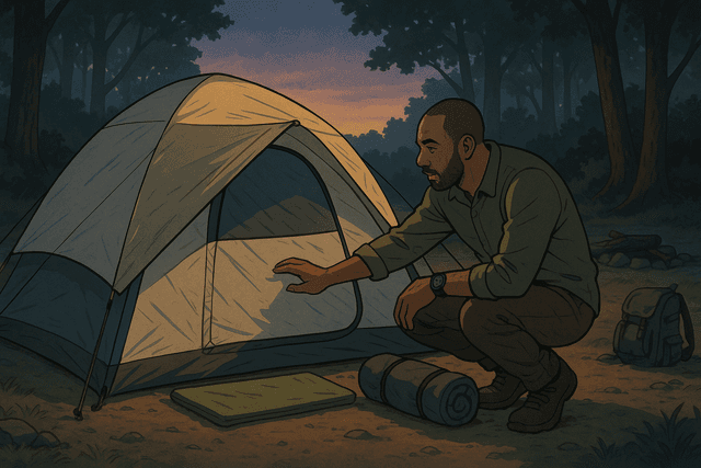 Illustration of a quiet campsite tent at dusk while gear is being checked before sleeping outside.